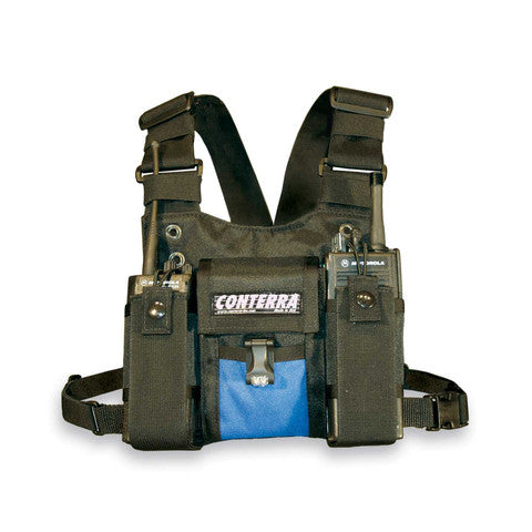 Conterra Double Adjusta-Pro II Radio Chest Harness in black and blue, equipped with dual radio pouches and adjustable shoulder and waist straps.