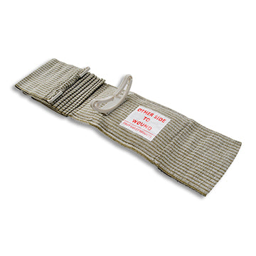 Emergency Bandage (Israeli Bandage) unrolled in olive drab with pressure clip visible. Designed for rapid hemorrhage control in field conditions. TacMed Australia – trusted trauma dressing for military and emergency use.