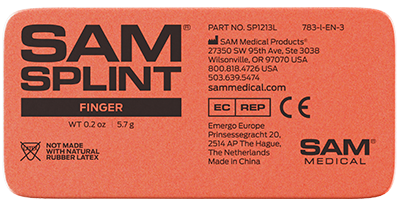 Close-up of SAM Splint surface with product markings and manufacturer label. Designed for visibility and field use. TacMed Australia – trusted orthopedic immobilisation aid.