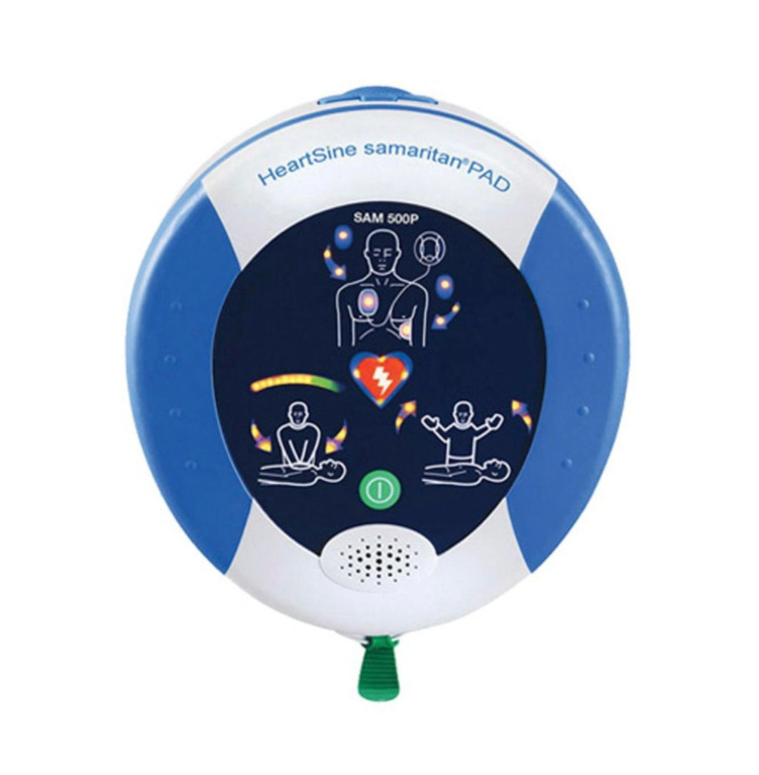 Front view of the HeartSine Samaritan PAD 500P defibrillator with illustrated usage instructions on the face.