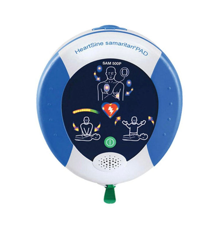 Front view of the HeartSine Samaritan PAD 500P defibrillator with illustrated usage instructions on the face.