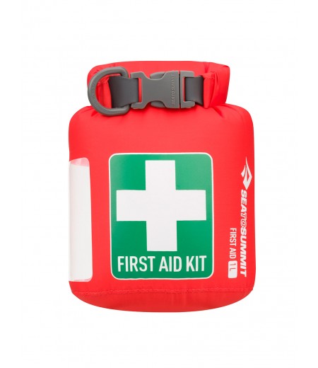 Red Sea to Summit First Aid Dry Sack with white cross and green label, featuring roll-top closure and buckle.