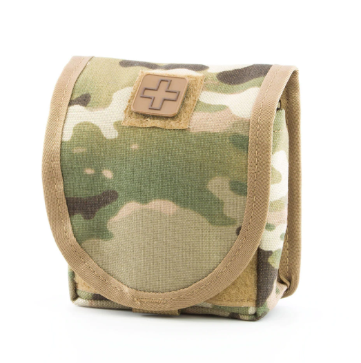 Multicam Small Personal Med Pouch with cross patch and hook-and-loop flap closure.
