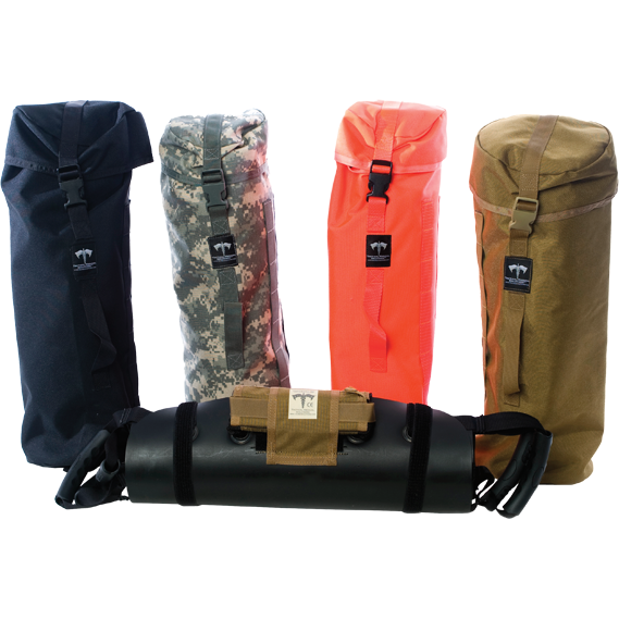 Four rolled Foxtrot litter carriers in black, camouflage, red, and tan.