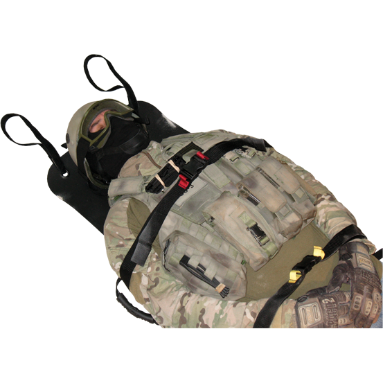 Close-up of a patient fully strapped into the Foxtrot litter with black retention straps.