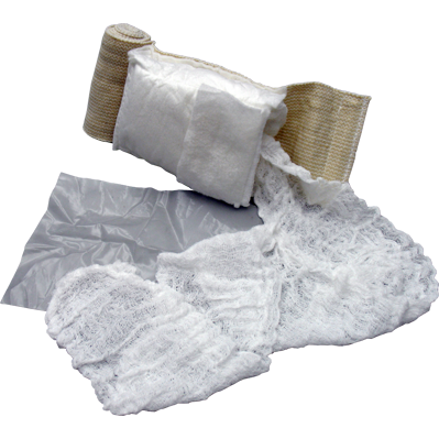 Olaes Modular Trauma Dressing in white, partially unrolled with gauze visible. Designed for versatile wound packing and pressure application. TacMed Australia – mission-ready bandage for advanced field care.
