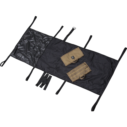 Folded-out Phantom Litter with six carry handles and two tan storage pouches placed on top.