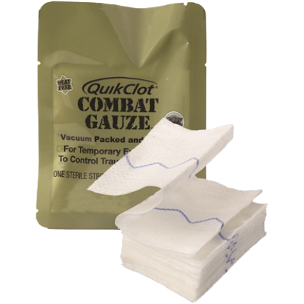 QuikClot Combat Gauze unpacked in front of olive vacuum-sealed packaging. Hemostatic gauze designed for rapid bleeding control in severe trauma. TacMed Australia – TGA-approved combat gauze trusted by medics and emergency teams.