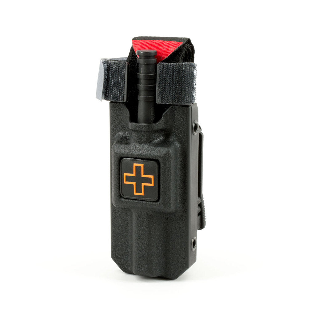 RIGID TQ Case for C-A-T® Tourniquet in black with high-vis medical cross and red pull tab exposed. Built for rapid deployment under pressure. TacMed Australia – professional-grade tourniquet holster for tactical use.