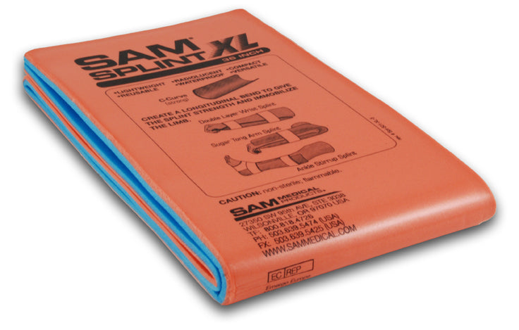 SAM Splint XL folded and labeled in high-visibility orange. Ideal for stabilising larger limb injuries. TacMed Australia – essential trauma tool for paramedics and rescue teams.