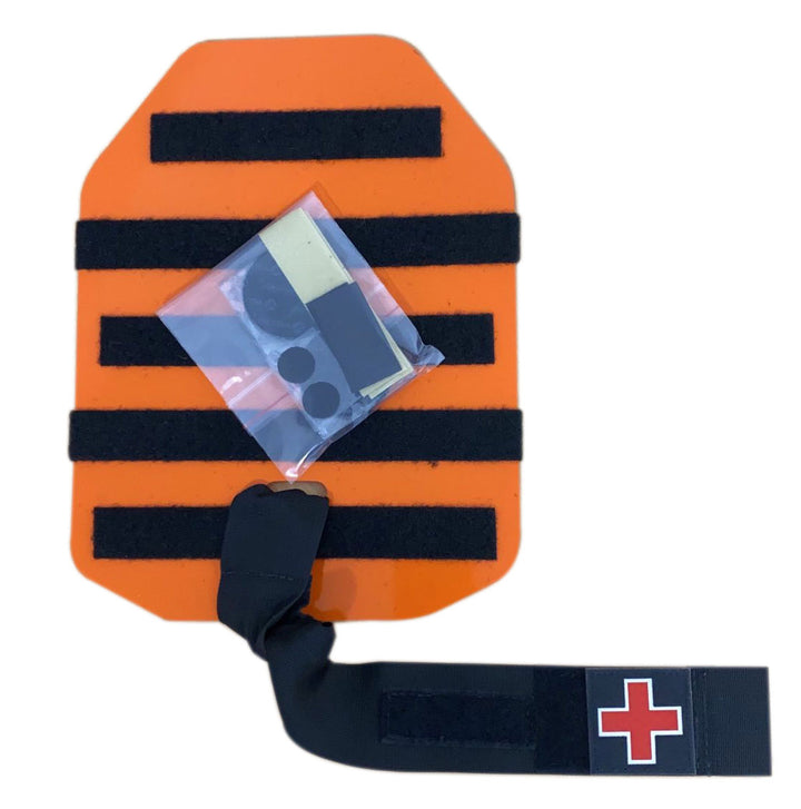 Front view of the Aussie Peelback Med Plate 2.0 in orange with black Velcro strips and attached lanyard.
