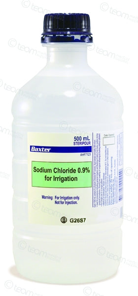 500ml bottle of Baxter Sodium Chloride 0.9% for Irrigation with blue cap and clear label.