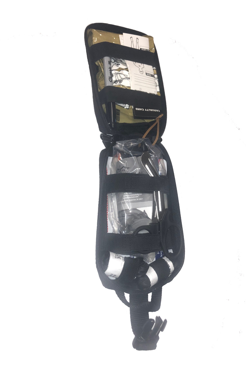 TacMed IFAK standing upright in open position showing internal layout. Compact design for fast access. TacMed Australia – professional IFAK for medics and responders.