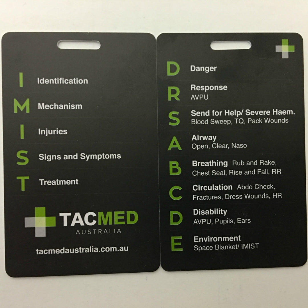 TacMed emergency wallet cards showing IMIST AMBO and DRABCDE primary survey flowcharts. Built for quick visual recall in trauma care. TacMed Australia – reliable guides for frontline responders.