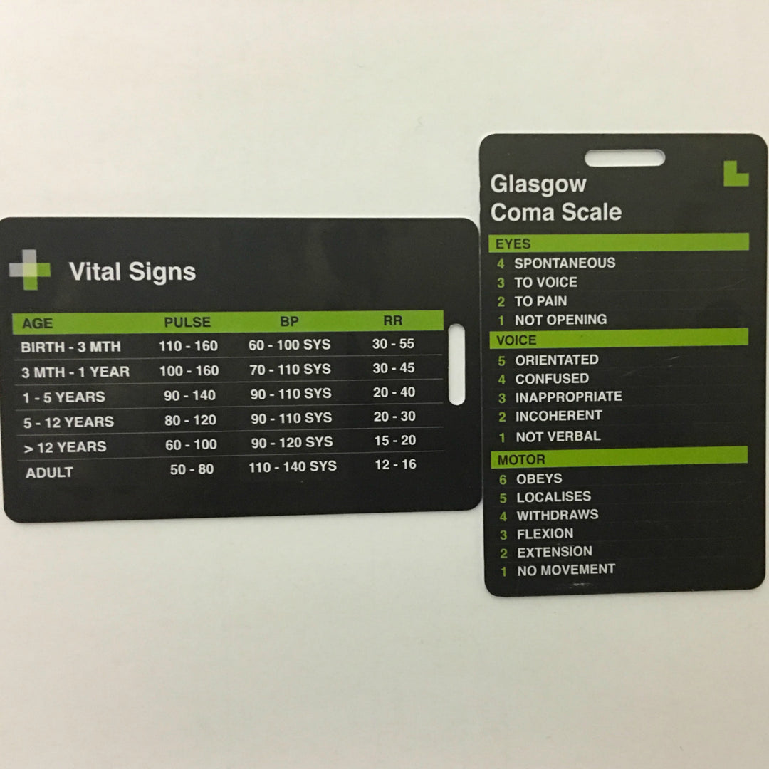 TacMed wallet cards with adult/pediatric vital signs chart and Glasgow Coma Scale reference. Designed for field diagnostics and neurological assessment. TacMed Australia – pocket-ready tools for prehospital care.
