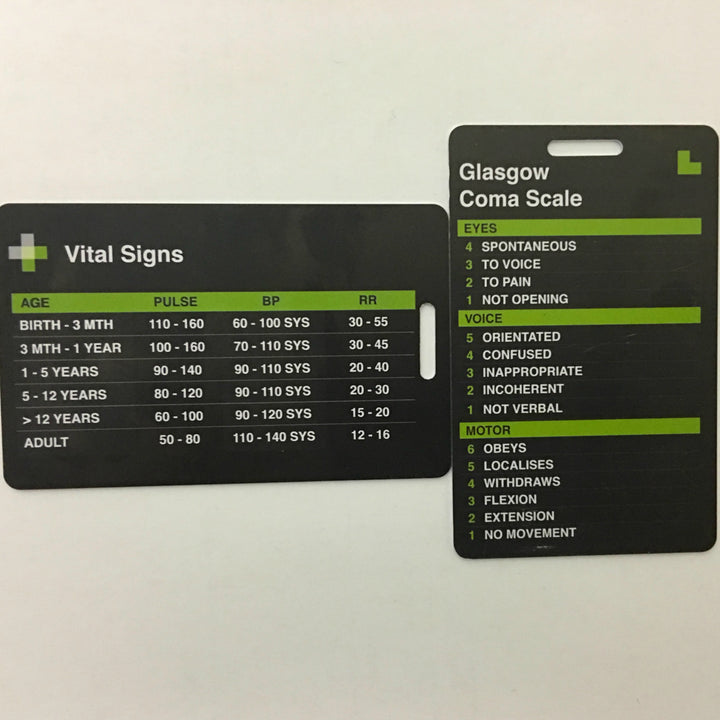 TacMed wallet cards with adult/pediatric vital signs chart and Glasgow Coma Scale reference. Designed for field diagnostics and neurological assessment. TacMed Australia – pocket-ready tools for prehospital care.