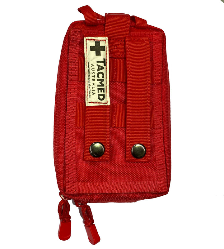 Side profile of TacMed IFAK in red, highlighting zipper closure and durable construction. Ideal for responders in low-light or remote conditions. TacMed Australia – robust personal medical pouch.