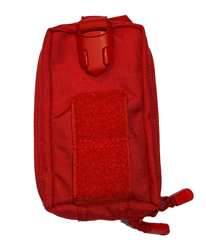 TacMed IFAK in red showing rear MOLLE system and reinforced snaps. Built for versatility and secure carry. TacMed Australia – high-visibility trauma kit pouch.