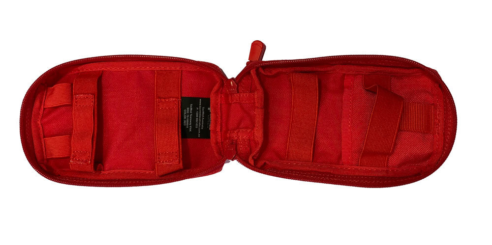 TacMed IFAK in red featuring a green/black medical cross patch for quick identification. Combines visibility and function. TacMed Australia – colour-coded trauma kit for tactical and emergency use.