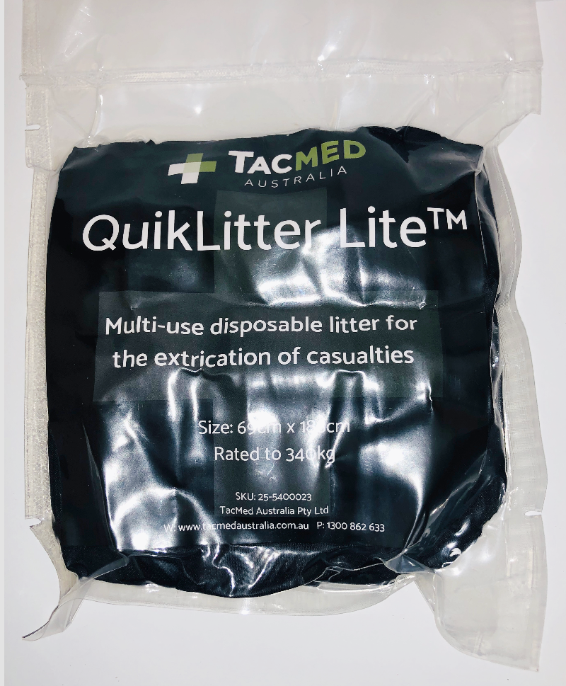 Tacmed QuikLitter Lite sealed in clear plastic packaging, labeled for casualty extraction use.
