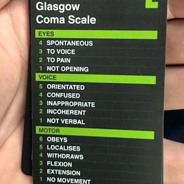 Glasgow Coma Scale wallet card close-up displaying eye, verbal, and motor response indicators. Designed for accurate field assessment of head injuries. TacMed Australia – clinical reference tools for emergency care.