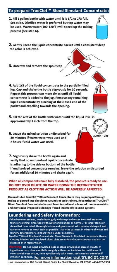 Instruction leaflet for TrueClot Blood Simulant Concentrate showing mixing directions and usage guidelines