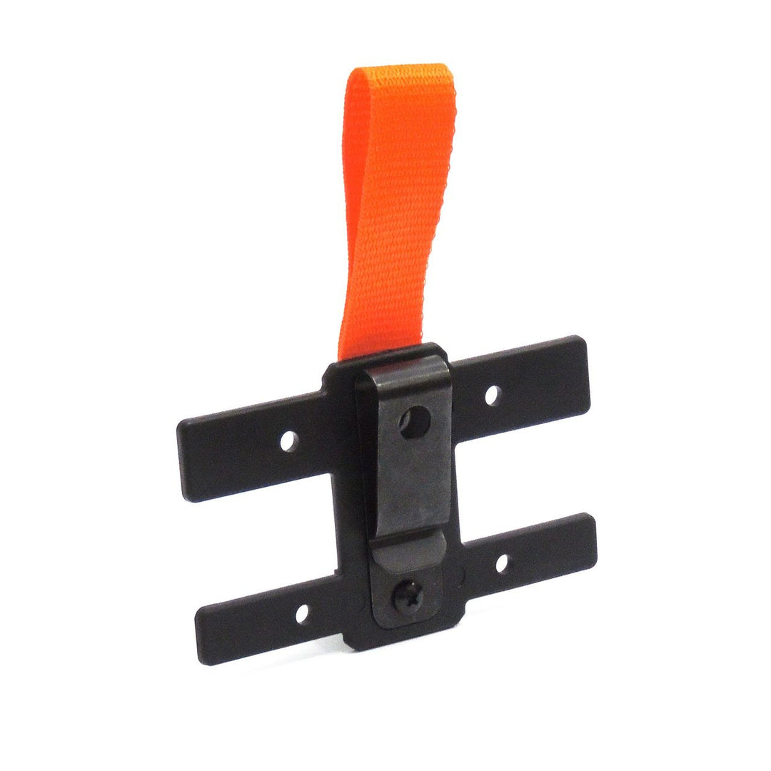Front view of the Eleven10 visor mount with black MOLLE-compatible plate and attached high-visibility orange loop.