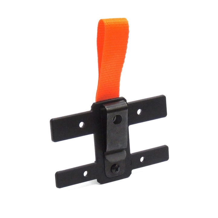 Front view of the Eleven10 visor mount with black MOLLE-compatible plate and attached high-visibility orange loop.