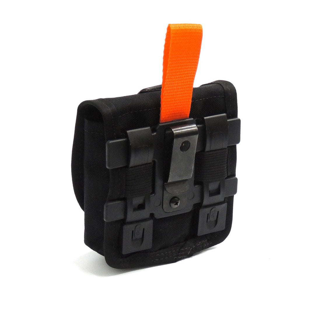 Rear view of a MOLLE pouch secured with the Eleven10 visor mount and orange loop for rapid access.