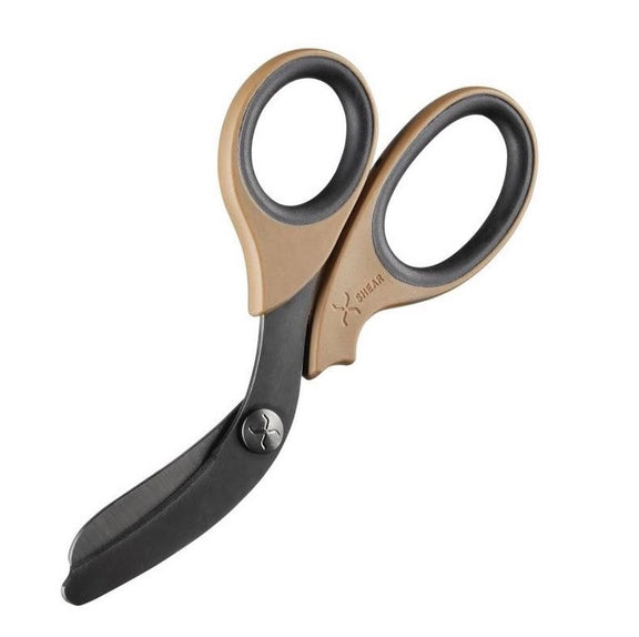 XSHEAR Trauma Shears with tan handle and reinforced blade. Durable and mission-ready. TacMed Australia – high-performance medical shears for field care.