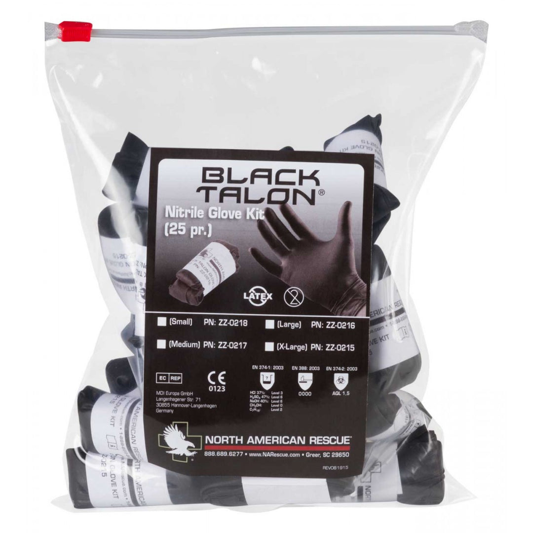 Pack of Black Talon nitrile gloves kit by North American Rescue, vacuum-sealed with 25 individually rolled black gloves in various sizes.