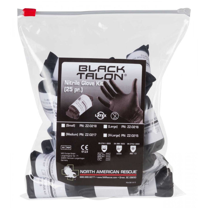 Pack of Black Talon nitrile gloves kit by North American Rescue, vacuum-sealed with 25 individually rolled black gloves in various sizes.