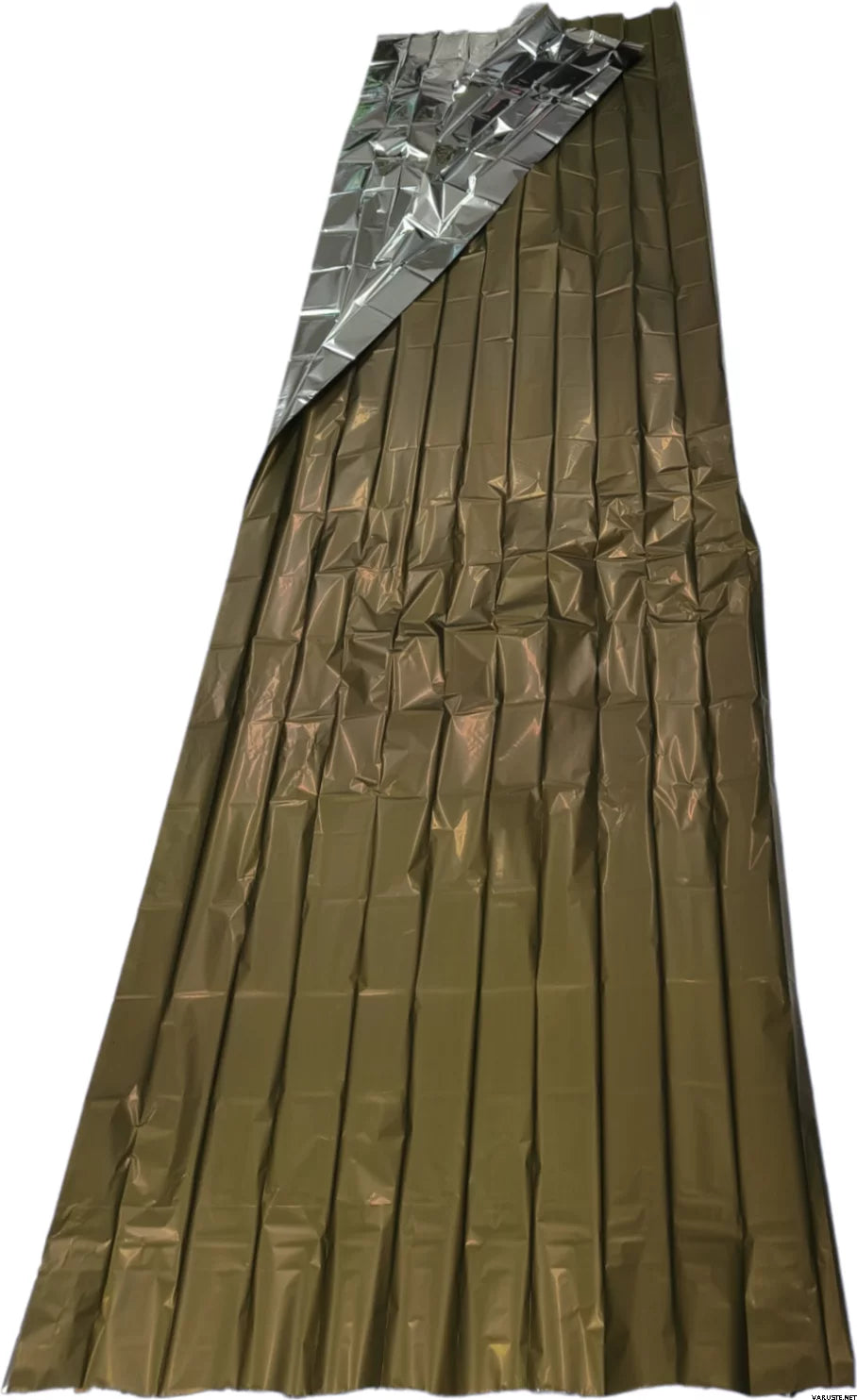 Unfolded tactical foil rescue blanket in olive green colour

