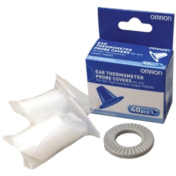 Omron Ear Thermometer Covers - Box and single-use probe covers shown in white plastic packaging