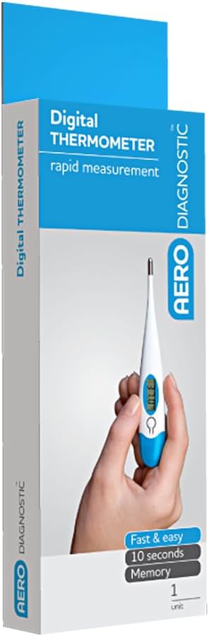 Retail packaging of Aero Digital Clinical Thermometer with branding and hand illustration

