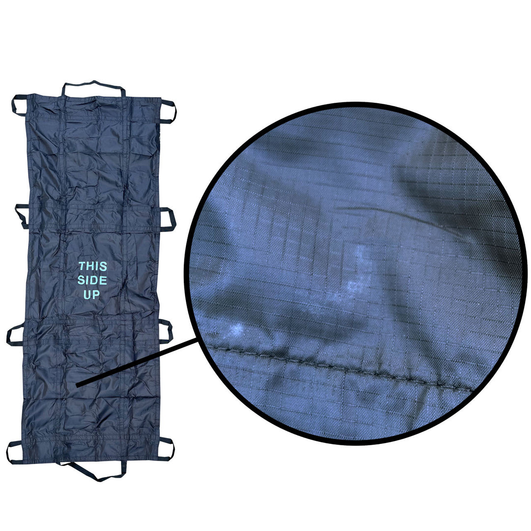 Top-down view of folded QuikLitter Lite inside blue storage pouch

