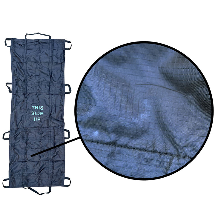 Top-down view of folded QuikLitter Lite inside blue storage pouch

