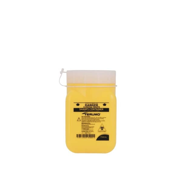 Yellow 750ml sharps container with secure screw lid for safe needle disposa