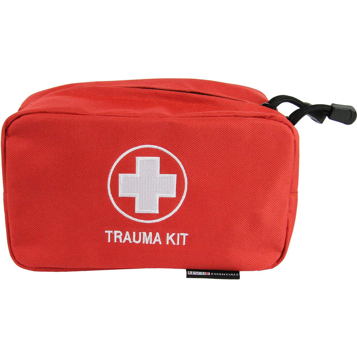 Red Rescue Essentials trauma pouch with "Trauma Kit" label and white cross.

