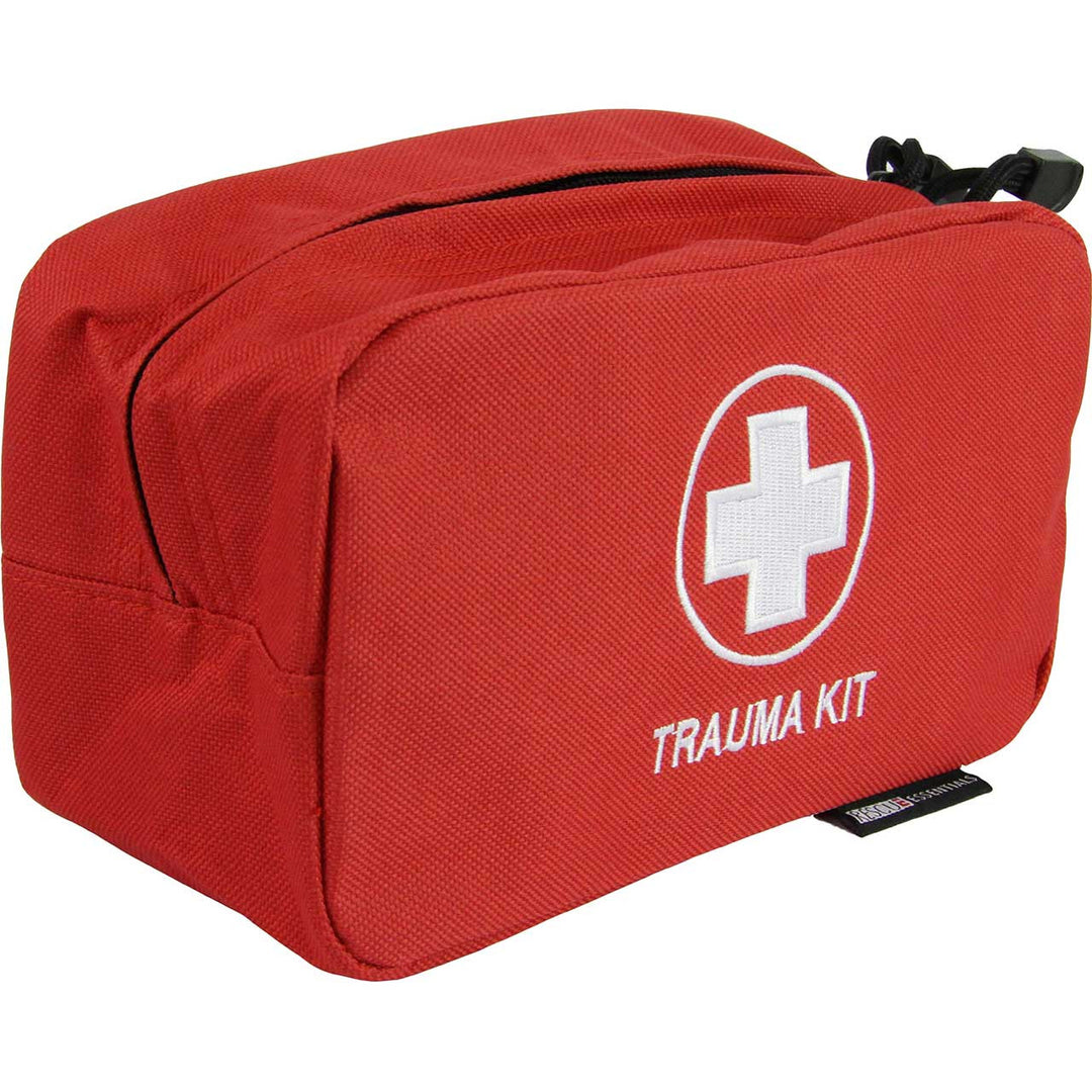 Side angle of trauma pouch with durable construction and compact shape.


