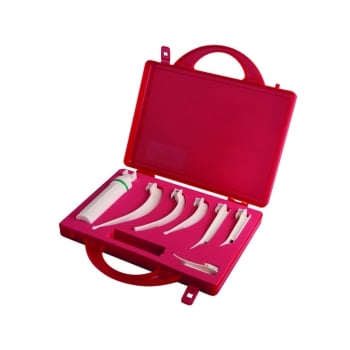 Disposable laryngoscope set with handle and 6 blades in red case