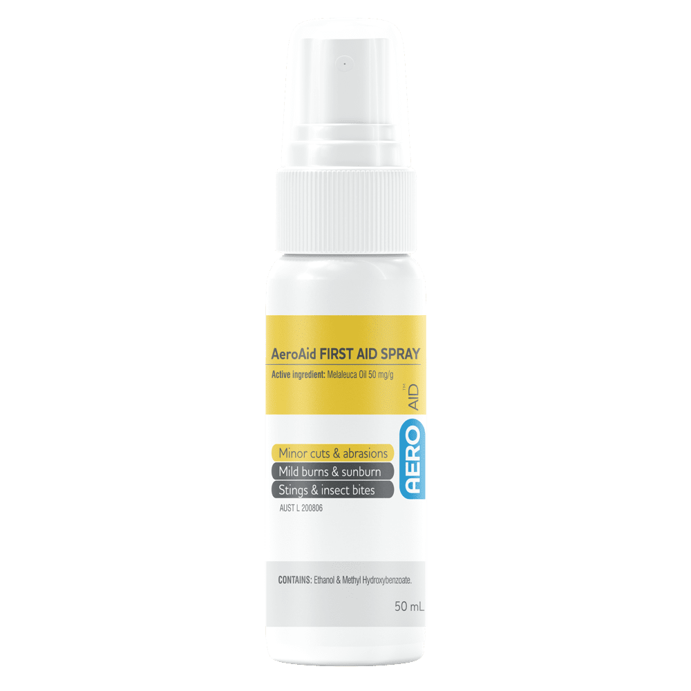 Front-facing view of Aeroaid Antiseptic Spray 50ml bottle with yellow label and white cap

