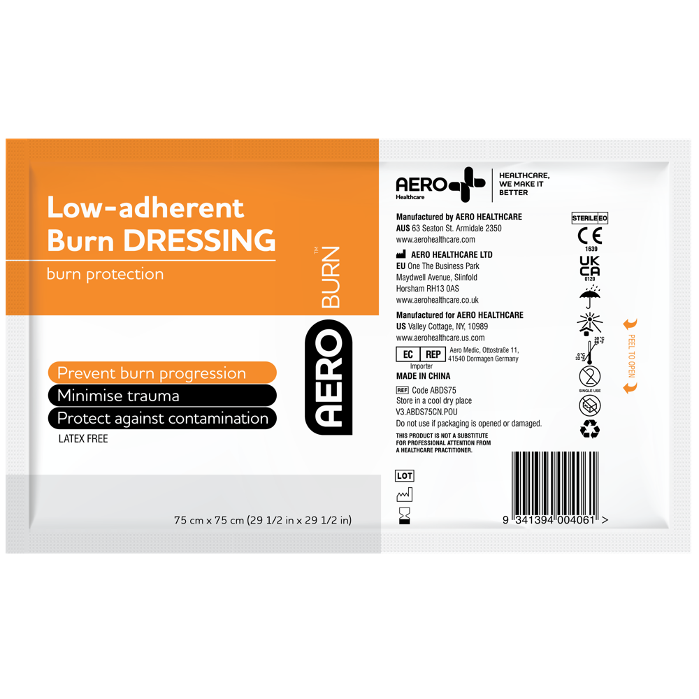Front view of Aeroburn Low Adherent Burn Dressing 75x75cm in sealed white and orange sterile packaging

