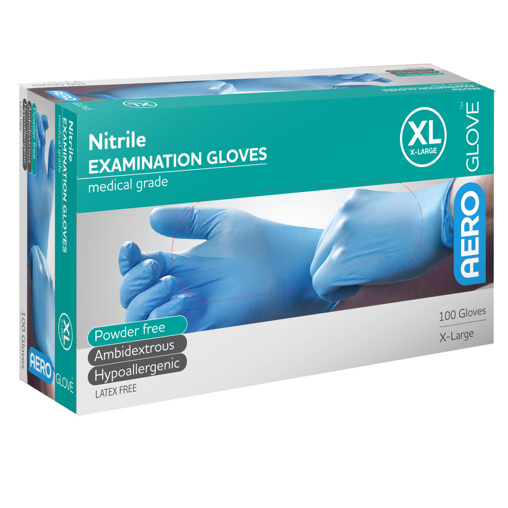 Box of Aeroglove XL Nitrile Powder-Free Gloves – Blue Medical Exam Gloves for Professional Use

