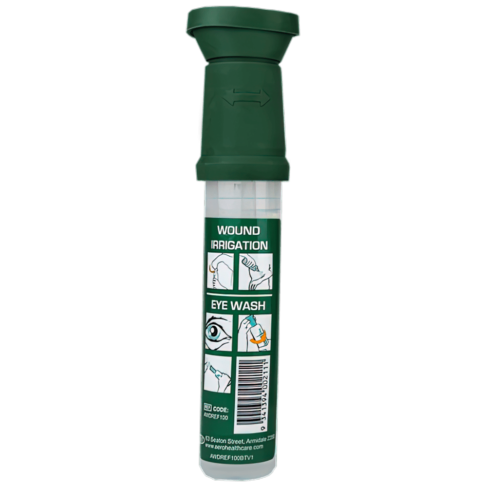 Front view of Aerowash Drop Eyewash Refill 100ml bottle with green label and twist top

