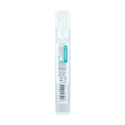 Front view of Aerowash 15ml Sodium Chloride Eye Wash Ampoule in clear packaging with label

