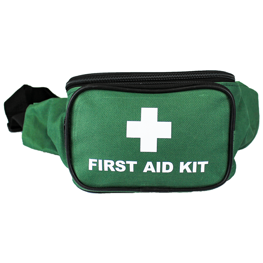 Front view of Aero Softpack First Aid Bag in green with white 'First Aid Kit' print and black zipper

