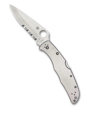 Spyderco Endura 4 knife with stainless steel handle and partially serrated blade fully open.