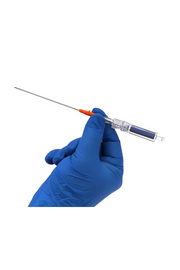 The image shows a gloved hand holding a medical device, specifically a needle or syringe with a long, thin needle attached. The hand is wearing a blue nitrile glove, and the syringe has a transparent body with a blue plunger and an orange needle cap. The background is plain white, emphasizing the medical tool.