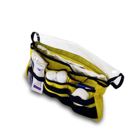 Angled view of yellow organiser pouch with internal compartments


